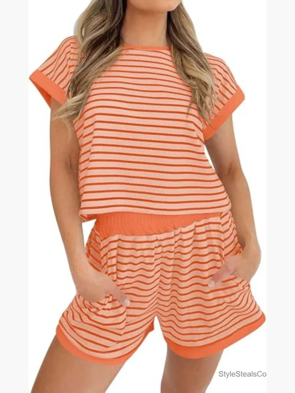 Striped Short Sleeve T-Shirt and Shorts Loungewear Matching Set